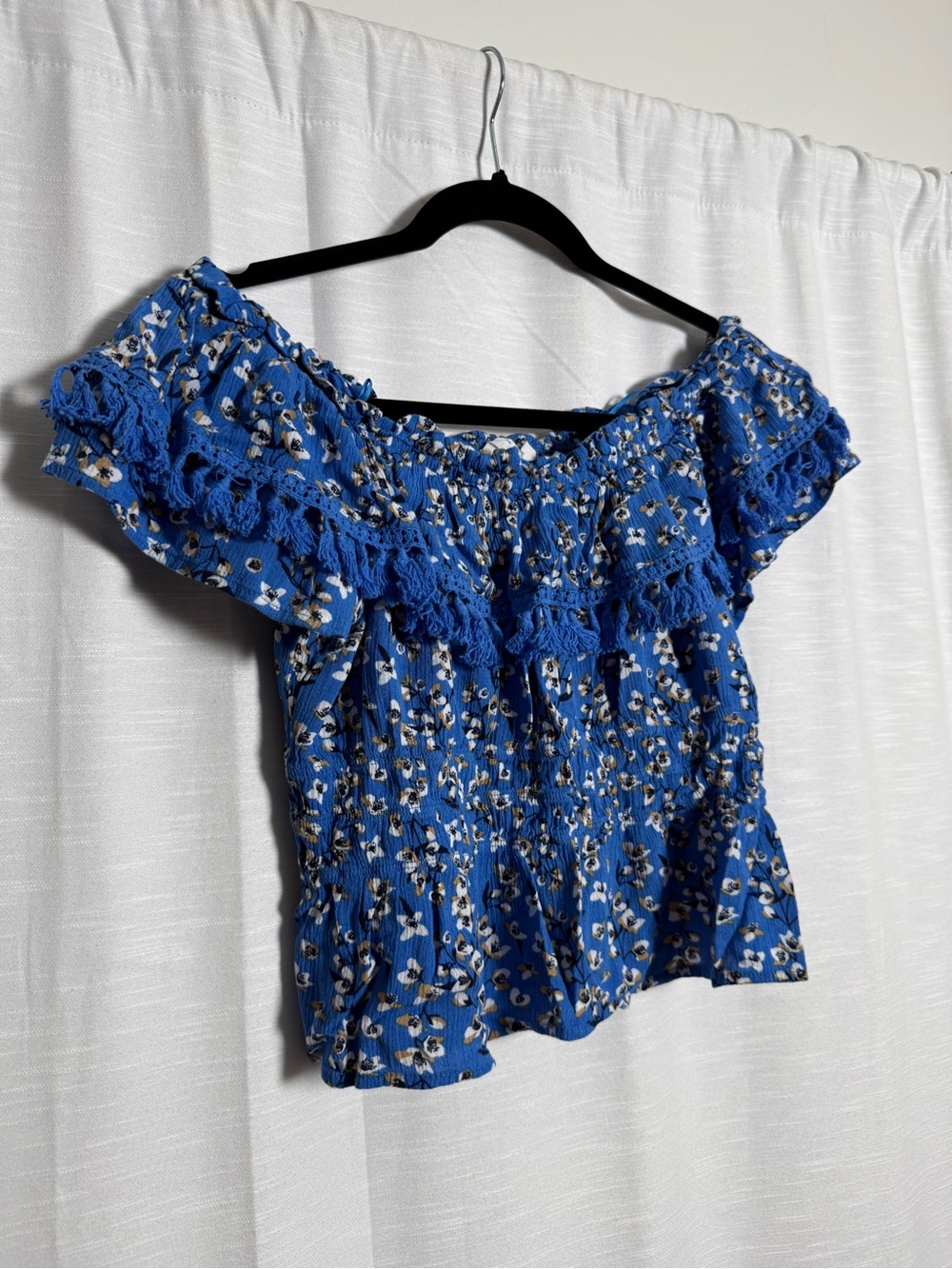 All in Favor Blue Floral Off Shoulder Tassel Ruffle Top | Size L - Picture 7 of 14